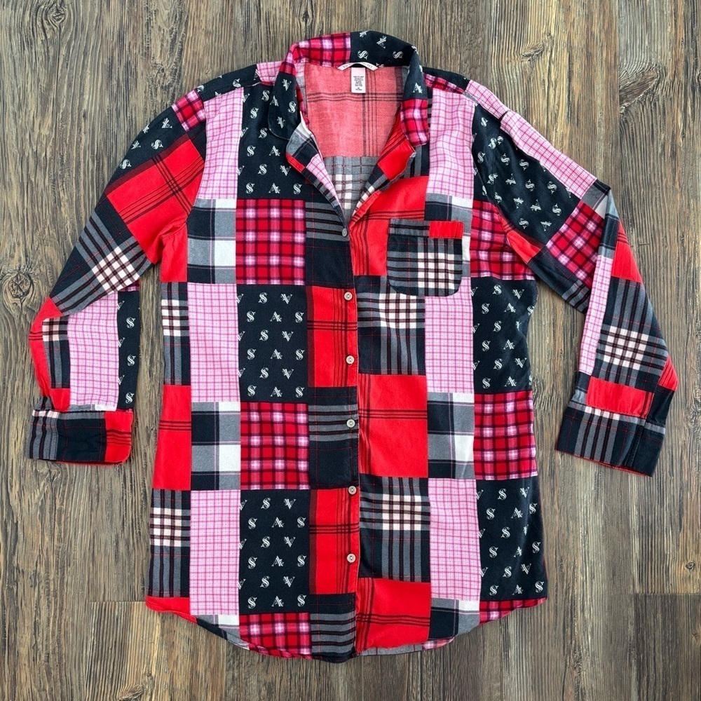 Victorias Secret Sleep Shirt Nightie Women’s M Red Black Patchwork Plaid Flannel